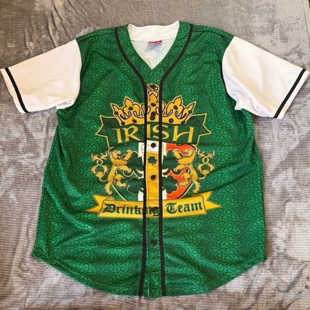 Irish Drinking Team Baseball Jersey Green Celtic Knot St‎ Patricks Day Button Up